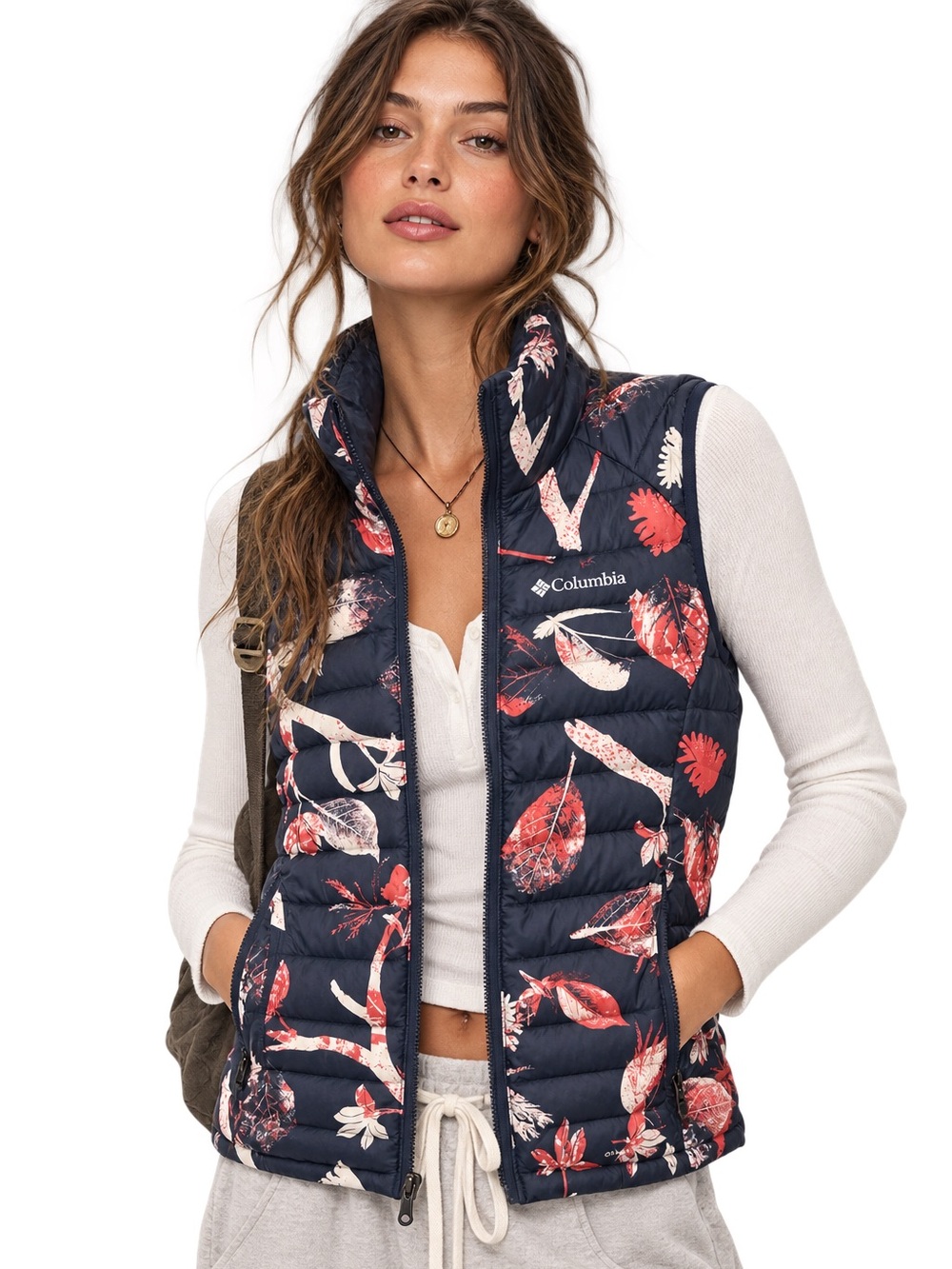 NWT Columbia Omni-Heat White Out Quilted Down Puffer Vest - Leaf Pattern